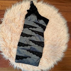 Betsy & Adam One Shoulder Silver Black Lace Mini Dress
